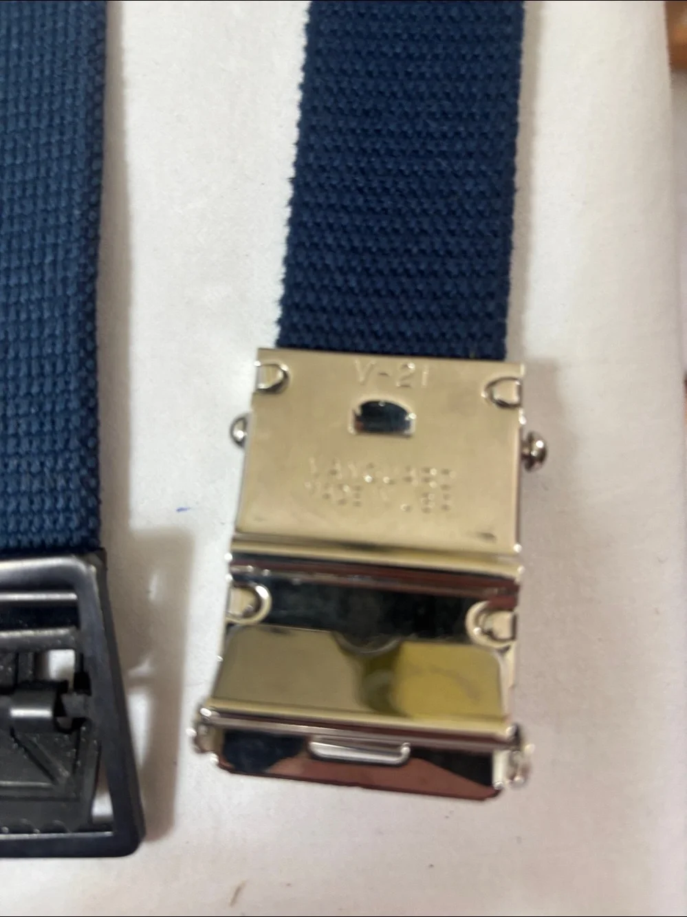 Navy Webbing Belt with Silver and Black Buckles